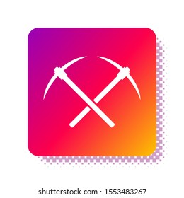 White Crossed pickaxe icon isolated on white background. Blockchain technology, cryptocurrency mining, bitcoin, altcoins, digital money market. Square color button. Vector Illustration