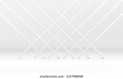 White crossed rod grid display showcase advertising exhibition 3d background realistic vector illustration. Premium minimalist product performance geometric pedestal diagonal cane decorative studio