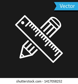 White Crossed ruler and pencil icon isolated on black background. Straightedge symbol. Drawing and educational tools.  Vector Illustration