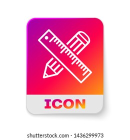 White Crossed ruler and pencil icon isolated on white background. Straightedge symbol. Drawing and educational tools. Rectangle color button. Vector Illustration