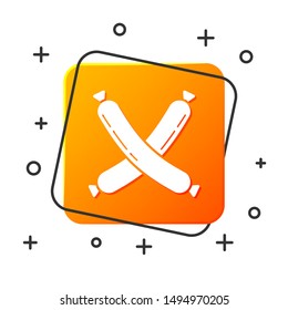 White Crossed sausage icon isolated on white background. Grilled sausage and aroma sign. Orange square button. Vector Illustration