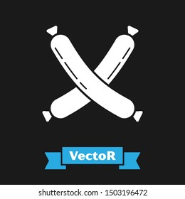 White Crossed sausage icon isolated on black background. Grilled sausage and aroma sign.  Vector Illustration