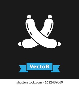 White Crossed sausage icon isolated on black background. Grilled sausage and aroma sign.  Vector Illustration