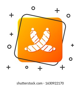 White Crossed sausage icon isolated on white background. Grilled sausage and aroma sign. Orange square button. Vector Illustration