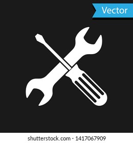 White Crossed screwdriver and wrench tools icon isolated on black background. Service tool symbol.  Vector Illustration