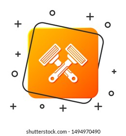 White Crossed shaving razor icon isolated on white background. Orange square button. Vector Illustration