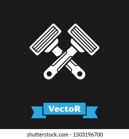 White Crossed shaving razor icon isolated on black background.  Vector Illustration