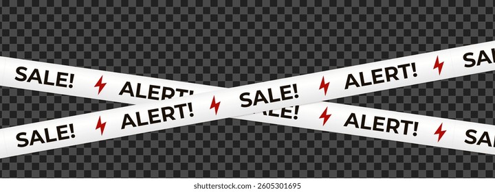 White crossed tape with SALE ALERT text, red lightning bolt symbols create urgency, electric energy, discount vibe. Retail marketing banner, ecommerce promo graphic. Vector illustration