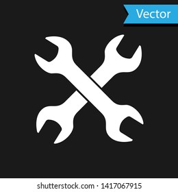 White Crossed wrenchs icon isolated on black background. Spanner repair tool. Service tool symbol.  Vector Illustration