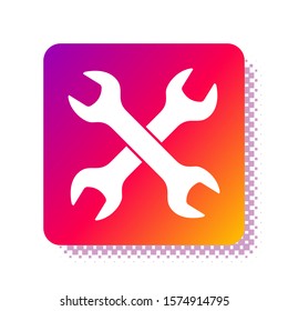 White Crossed wrenchs icon isolated on white background. Spanner repair tool. Service tool symbol. Square color button. Vector Illustration