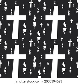 White crosses and candles on black background Seamless pattern Different size cross, candle Black and white vector illustration