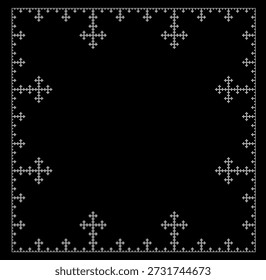 Patrón de Fractal en forma de cruz blanca creado a partir de Formas cuadradas sobre un fondo negro con una estructura geométrica abstracta, simetría, singularidad, auto-similitud. Conveniente para la ilustración matemática, científica, educativa, fondo, cartel.