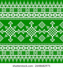 Ponto de cruz branco padrão étnico sem costura em um fundo verde. Padrão de pixel. Ornamento tribal. Motivo popular. Bordado ucraniano. Ideias para tapete, tapete, tapeçaria de parede, corredor de mesa, fronteira elaborada