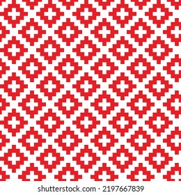 Trazo de punto cruzado blanco sobre fondo rojo. Puntos cuadrados blancos sobre fondo rojo. Diseño monocromo de telas de color para la venta. Tejiendo arte artesanal.