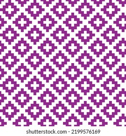 White cross-stitch knitting pattern on purple background. White square dots on purple backdrop. Monochrome color theme fabric pattern design for sale. Knitting handicraft art.