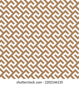 White cross-stitch knitting pattern on brown background. White square dots on brown backdrop. Monochrome fabric pattern design for sale. Knitting handicraft art.