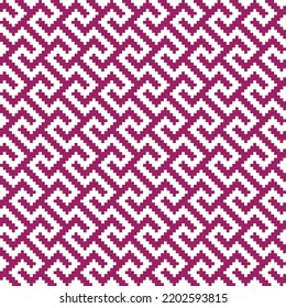 White cross-stitch knitting pattern on purple background. White square dots on purple backdrop. Monochrome fabric pattern design for sale. Knitting handicraft art.