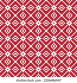 Trazo de punto cruzado blanco sobre fondo rojo. Puntos cuadrados blancos sobre fondo rojo. Diseño de patrones de tela monocroma para la venta. Tejiendo arte artesanal.