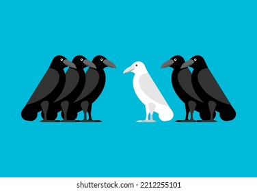 White crow among black crows. Vector illustration