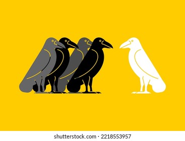 White crow among black crows. Vector illustration