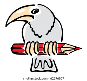 White Crow is sitting on a red pencil.