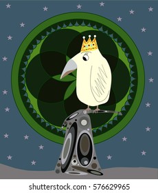 white crow sitting in a tree on the Raven crown of the tree round with flower of eternity on the background of night sky with stars