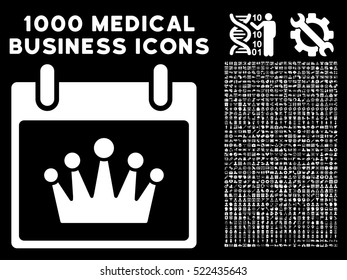 White Crown Calendar Day vector icon with 1000 medical business pictograms. Set style is flat symbols, white color, black background.