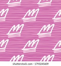 White crown doodle elements seamless hand drawn pattern. Bright lilac background with strips. Perfect for wallpaper, wrapping paper, textile print, fabric. Vector illustration.