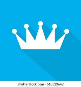 White crown icon in flat design. Vector illustration. Symbol of crown with long shadow on blue background.