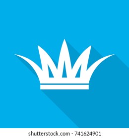 White crown icon in flat design. Vector illustration. Symbol of crown with long shadow on blue background.