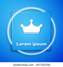 White Crown icon isolated on blue background. Blue square button. Vector Illustration