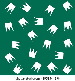 White crowns pattern vector illustration. Fashion background for wrapping paper, textile, kids. King or queen crowns on green background.