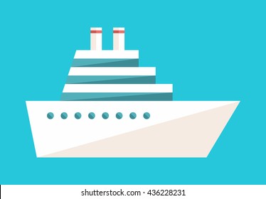 White cruise passenger ship. Flat vector illustration on blue background in frame