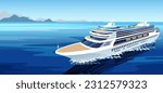 White cruise ship at blue ocean or sea. Pacific or atlantic ocean voyage. Summer travel agency booking tickets concept. Poster with marine landscape. Seascape background with ship. Vector illustration