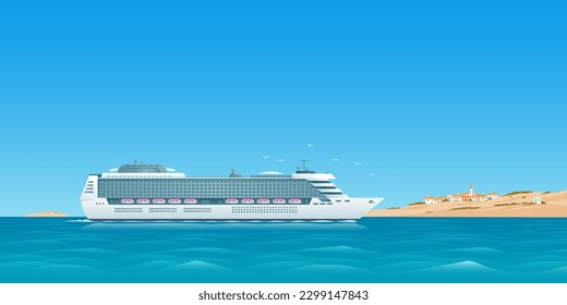 White cruise ship is floating at sea near an island with an ancient town in the Mediterranean style. Traveling by sea, and ocean. Vector illustration.