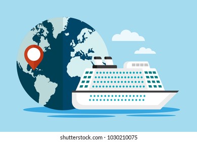 White cruise ship with globe. Caribbean travel concept. Vector illustration