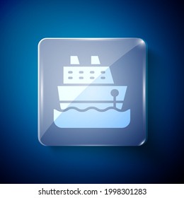 White Cruise ship icon isolated on blue background. Travel tourism nautical transport. Voyage passenger ship, cruise liner. Worldwide cruise. Square glass panels. Vector