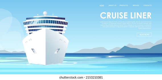 White cruise ship, liner, boat swim at South sea, Pacific, Atlantic ocean. Travel agency, booking voyage tickets concept. Calm good weather day marine, nature landscape, scenery. Vector illustration