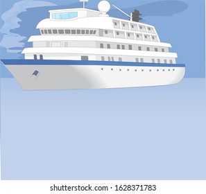 White cruise ship, ocean liner in water and sky with clouds. 