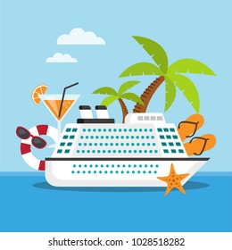 White cruise ship on the sea with travel accessories. Vector illustration
