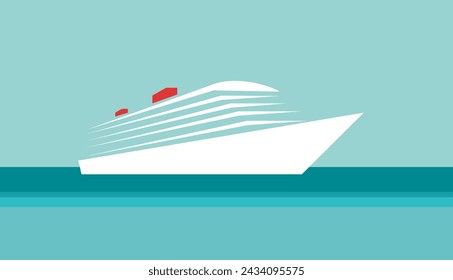 White cruise ship on turquoise calm sea. Vector illustration. Simple background with copy space.