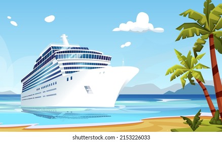 White cruise ship stop sandy island shore, wild beach, palms. Liner, boat voyage at South sea, Pacific, Atlantic ocean. Calm good weather day marine, nature landscape, scenery. Vector illustration