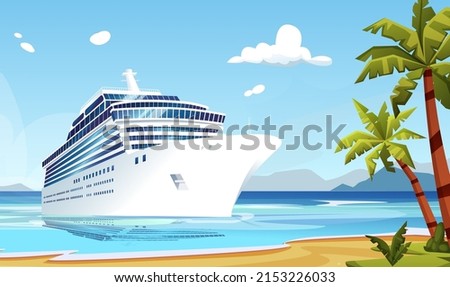 White cruise ship stop sandy island shore, wild beach, palms. Liner, boat voyage at South sea, Pacific, Atlantic ocean. Calm good weather day marine, nature landscape, scenery. Vector illustration