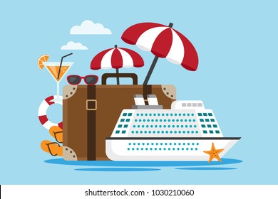 White cruise ship with suitcase and travel accessories. Vector illustration