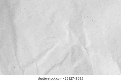 White crumpled craft paper texture as background. Light grey paper texture, Old vintage page or grunge vignette of old newspaper. Pattern rough art creased grunge letter with copy space for text.