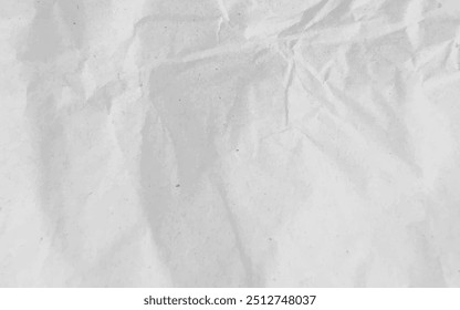 White crumpled craft paper texture as background. Light grey paper texture, Old vintage page or grunge vignette of old newspaper. Pattern rough art creased grunge letter with copy space for text.