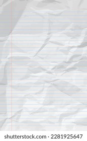 White сlean crumpled notebook paper with lines. Vertical crumpled checkered empty paper template for posters and banners. Vector illustration