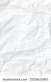 White сlean crumpled notebook paper with lines. Vertical crumpled checkered empty paper template for posters and banners. Vector illustration