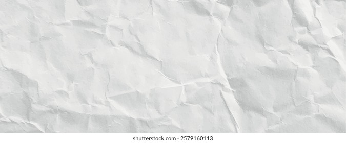 White crumpled paper background, featuring a textured, wrinkled style. The background is white with a distinct crumpled white texture. Paper texture background vector. White background.