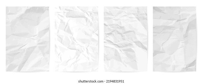 White сlean crumpled paper background. Set of four vertical crumpled empty paper templates for posters and banners. Vector illustration